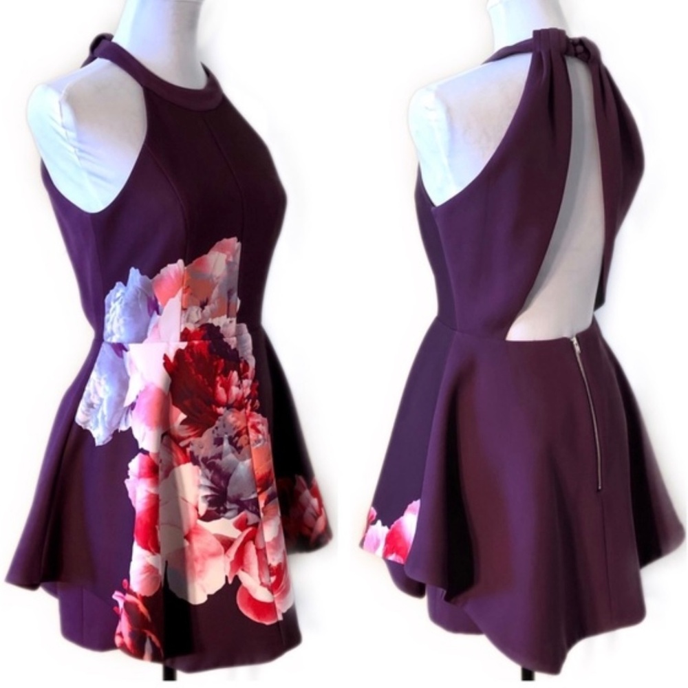 KEEPSAKE Plum Floral Print Skater Party Mini Dress